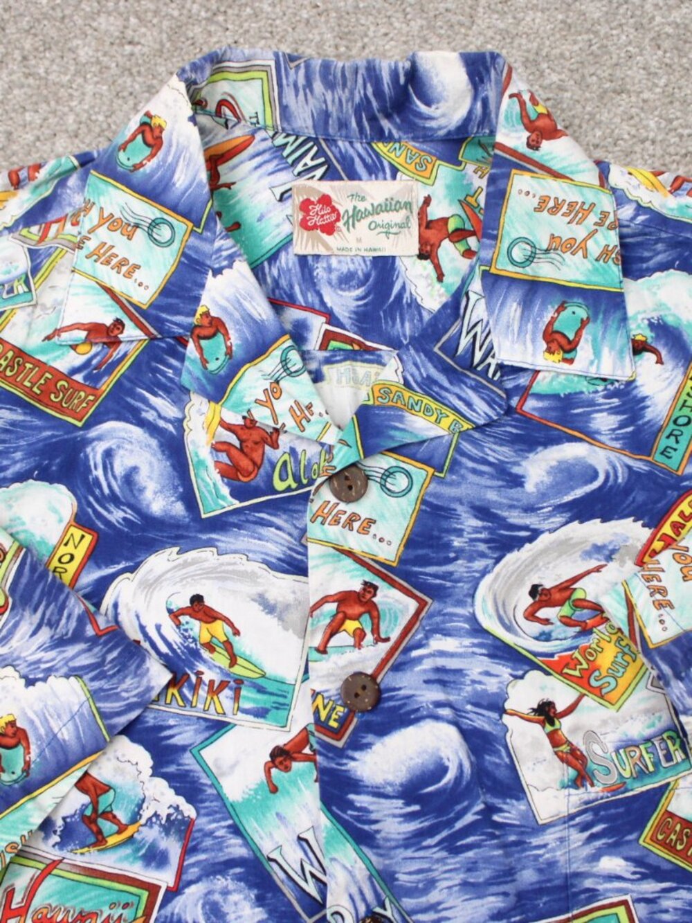 Hilo Hattie AOP Shirt Men Medium Blue Surfing All Over Print Cotton Short Sleeve